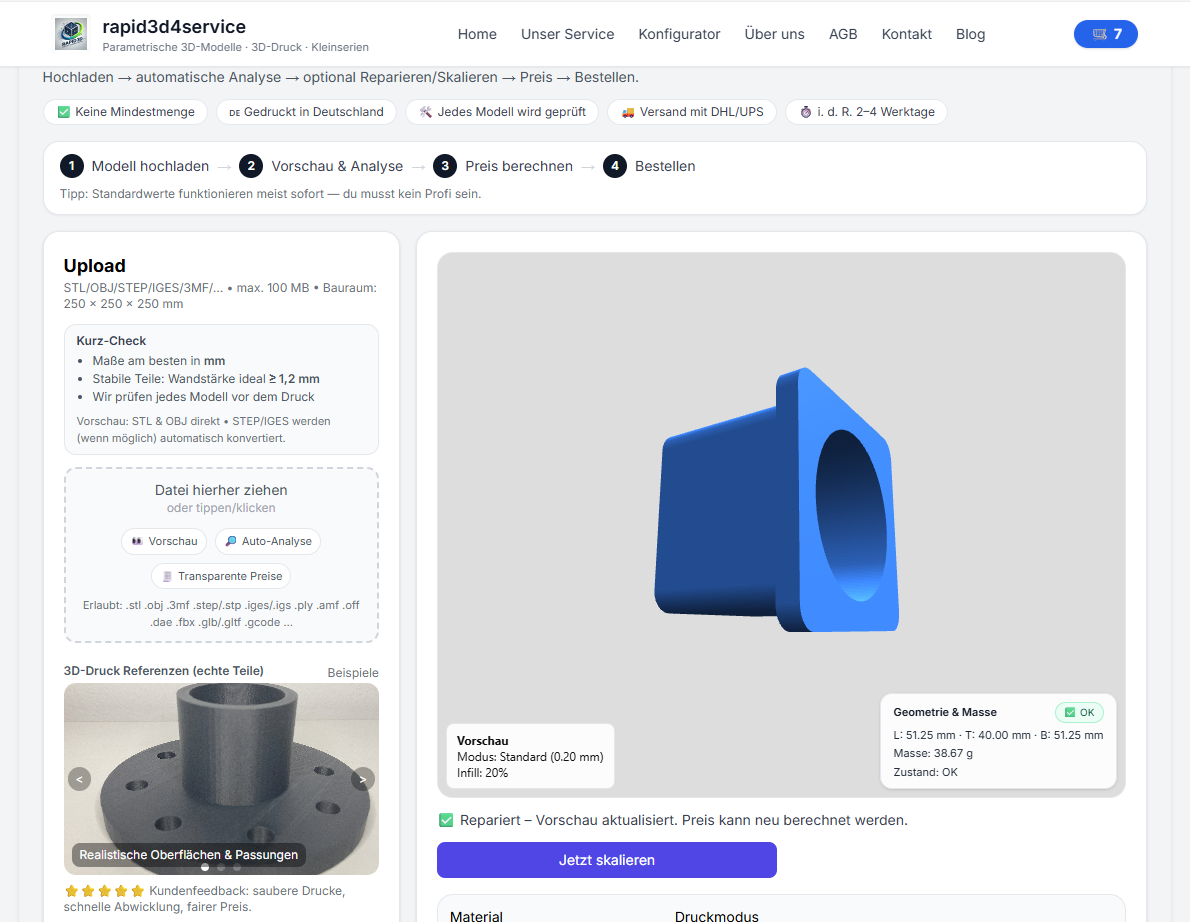 3D Vorschau: STL Analyse mit Geometrie, Volumen, Gewicht und watertight Status